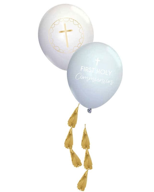 Blue Botanical  'First Holy Communion' Balloons with Tassels - 11" Latex (4pk)