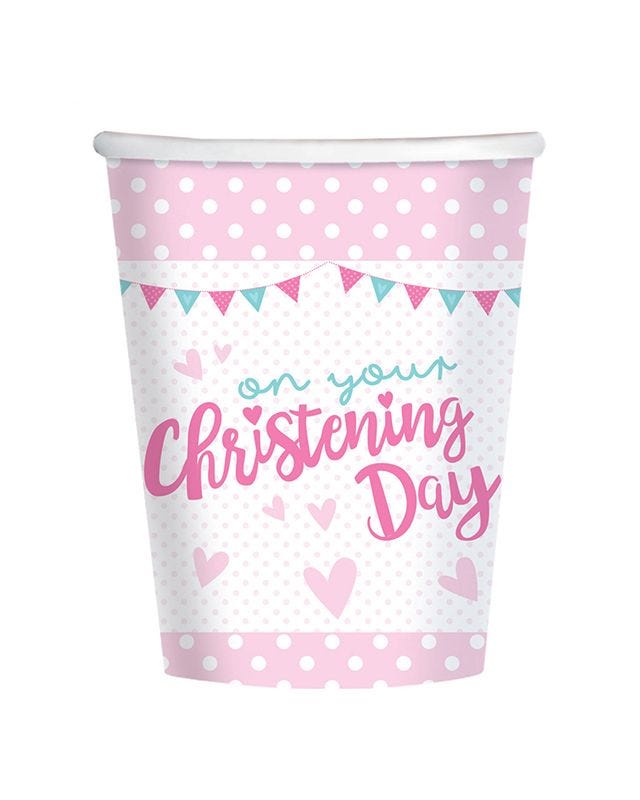 Christening Day Pink Cups - 266ml Paper Party Cups (8pk)