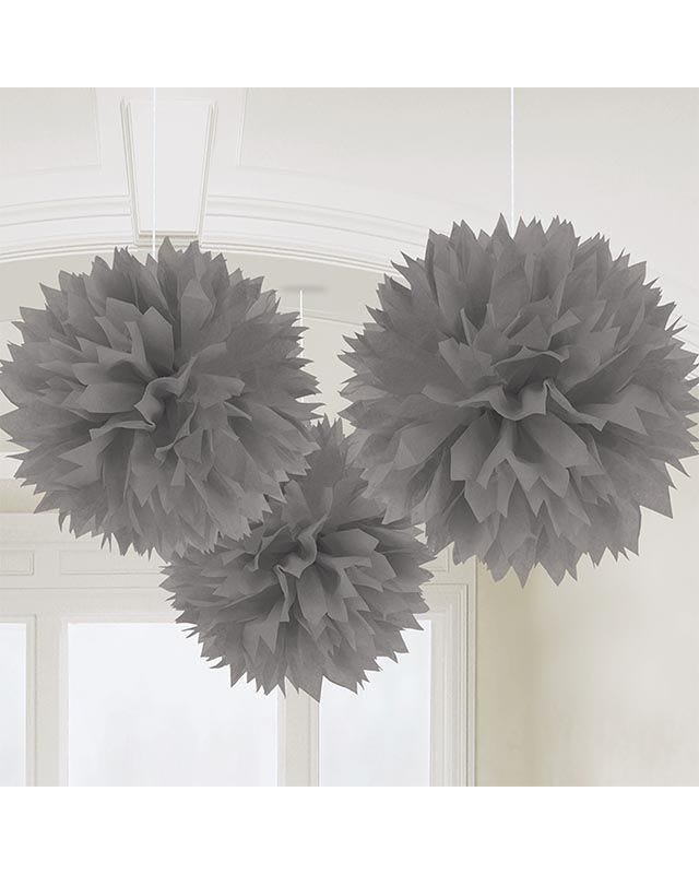 Silver Paper Pom Pom Decorations - 40cm (3pk)