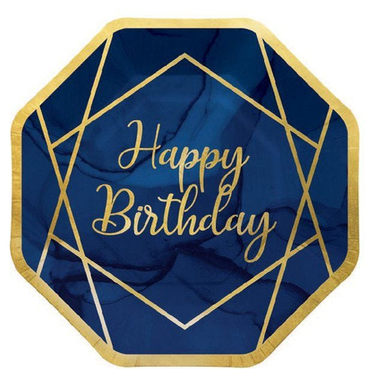 Navy & Gold Geode 'Happy Birthday' Plates - 23cm (8pk)