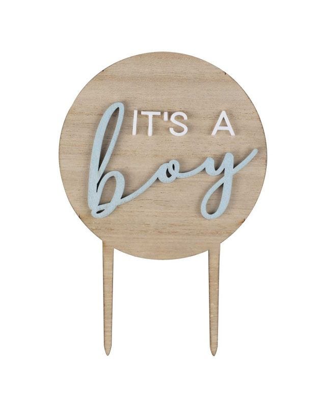 Teddy Bear 'It's a Boy' Wooden Baby Shower Cake Topper - 17.8cm x 12cm