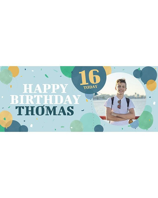 Blue Balloons 16th Birthday Personalised Banner