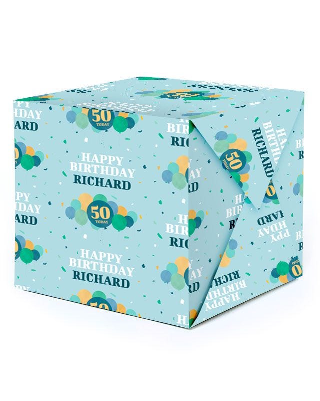 Blue Balloons 50th  Birthday Personalised Wrapping Paper