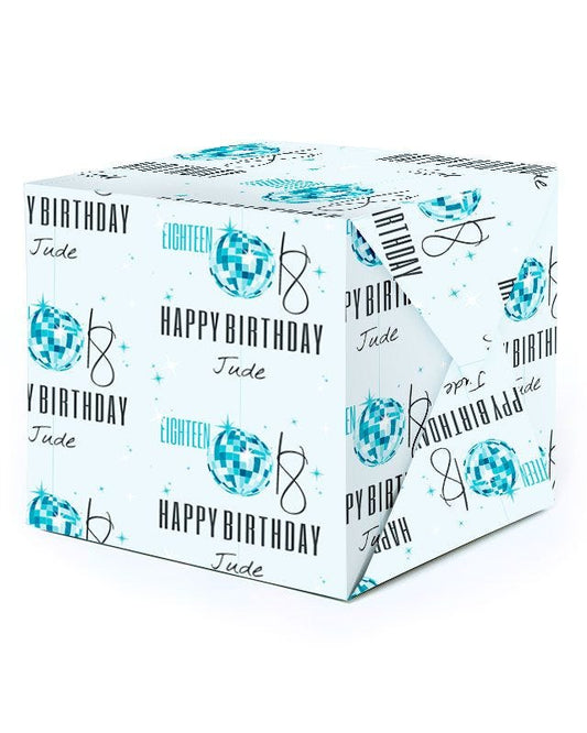 Blue & Silver Disco Ball 18th Birthday Personalised Wrapping Paper