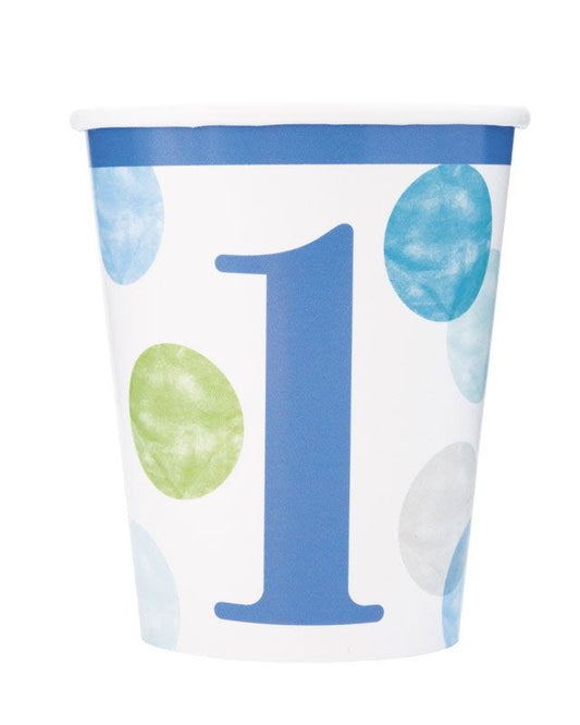 Blue Dots 1st Birthday Paper Cups - 266ml (8pk)