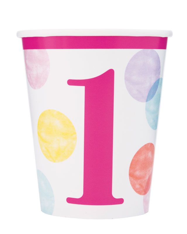 Pink Dots 1st Birthday Paper Cups - 266ml (8pk)