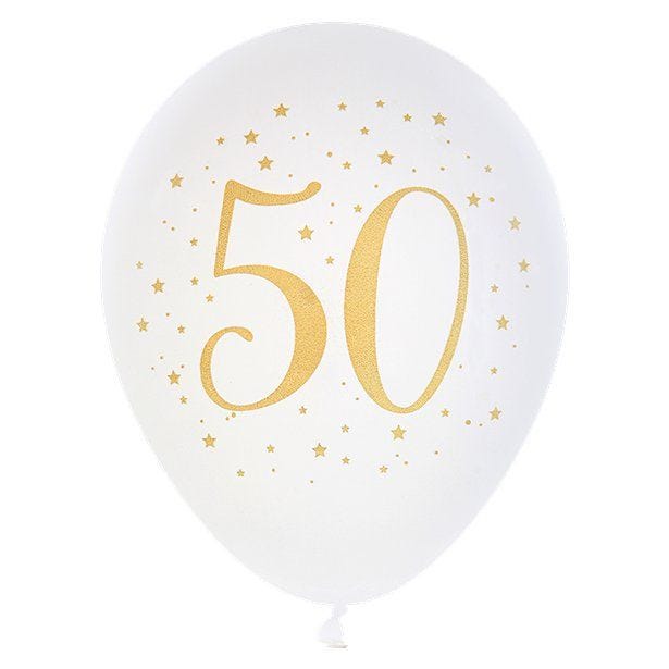 White & Gold Sparkle 50th Balloon - 11" Latex (8pk)