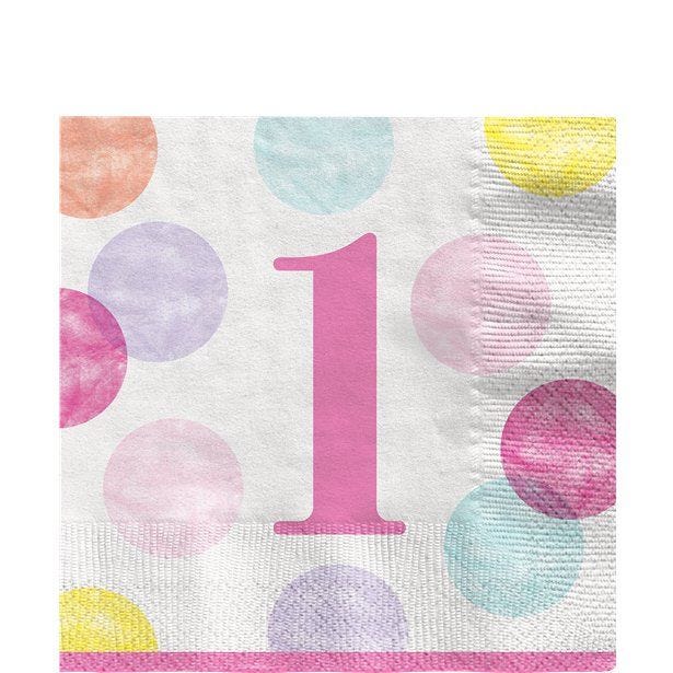 Pink Dots 1st Birthday Paper Napkins - 33cm (16pk)