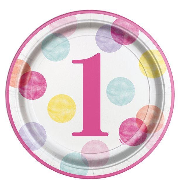 Pink Dots 1st Birthday Paper Plates - 23cm (8pk)