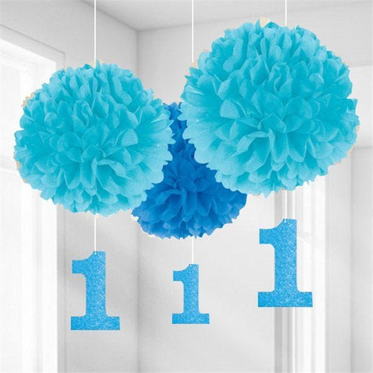 Boy's 1st Birthday Pom Pom Decorations - 40cm (3pk)