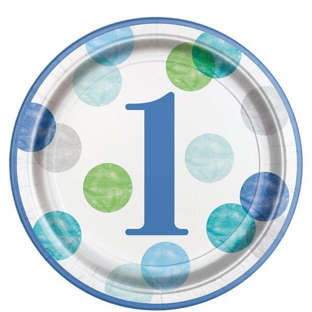 Blue Dots 1st Birthday Paper Plates - 23cm (8pk)